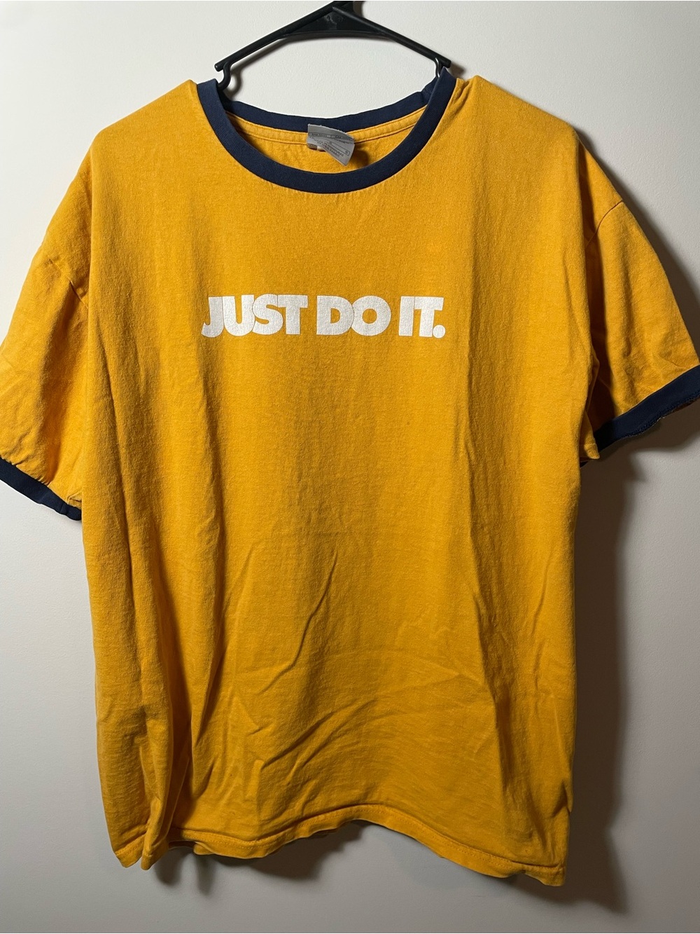 Vintage Early 2000s Nike Men's L Yellow 'Just Do It.' Graphic Ringer T-Shirt
